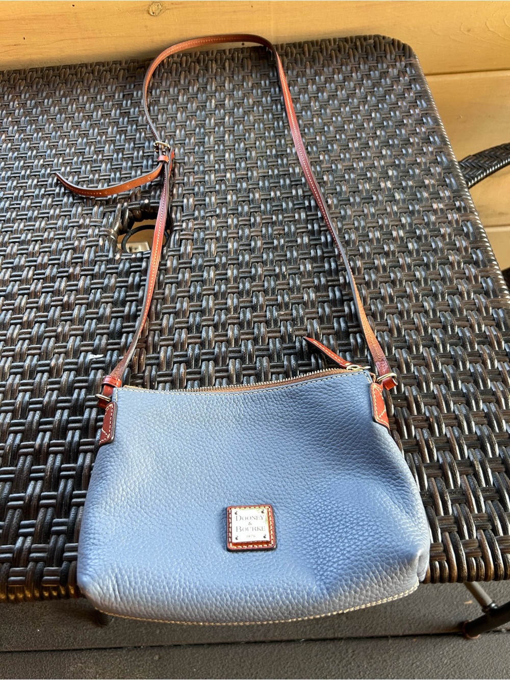 Dooney & Bourke Blue Pebble Leather Crossbody with Brown Trim